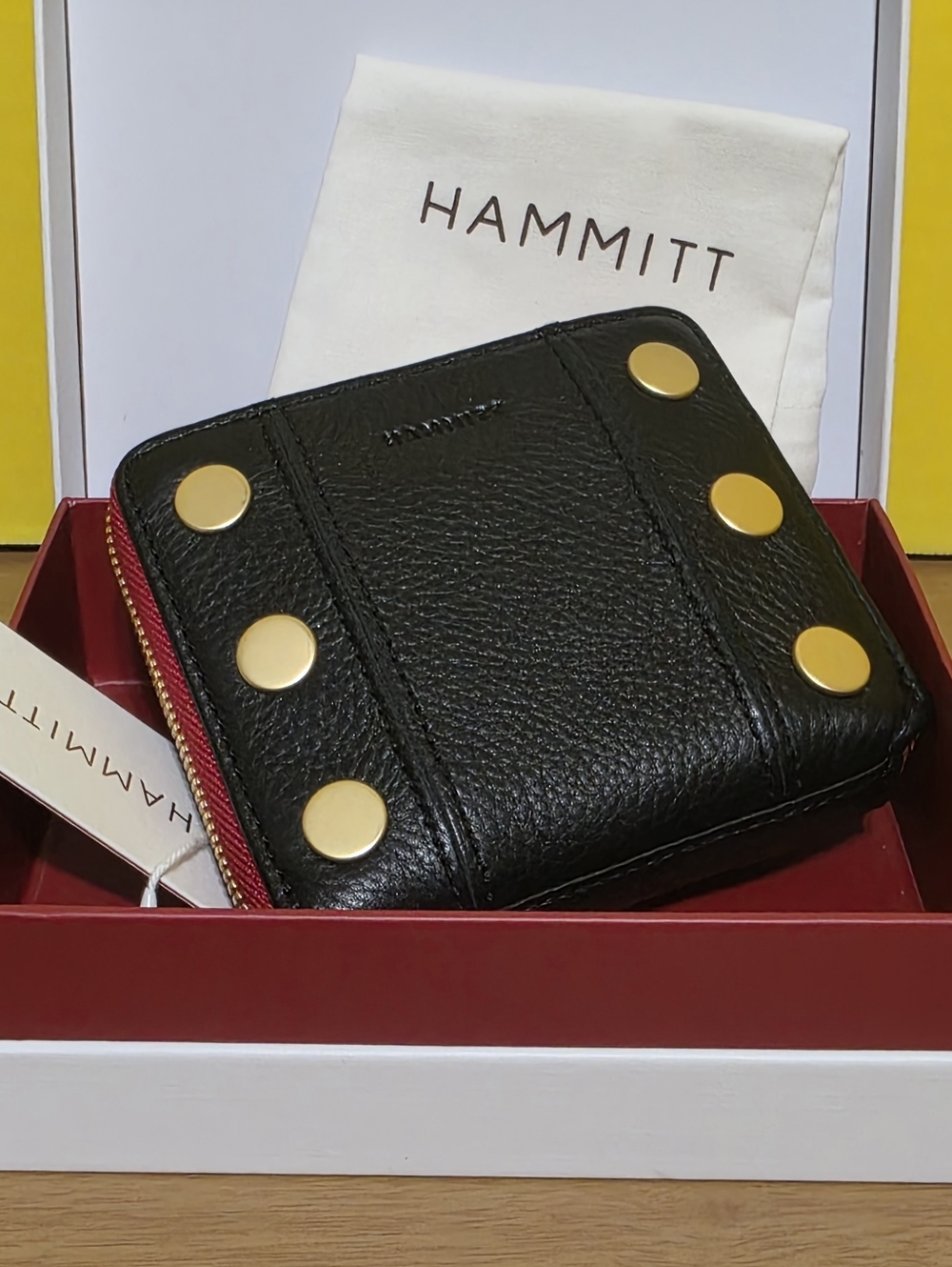 Hammitt Black Leather Zip Wallet with Gold Stud Accents and Red Zip